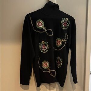 Jones New York Black Sweater with Chain and Emblem Design